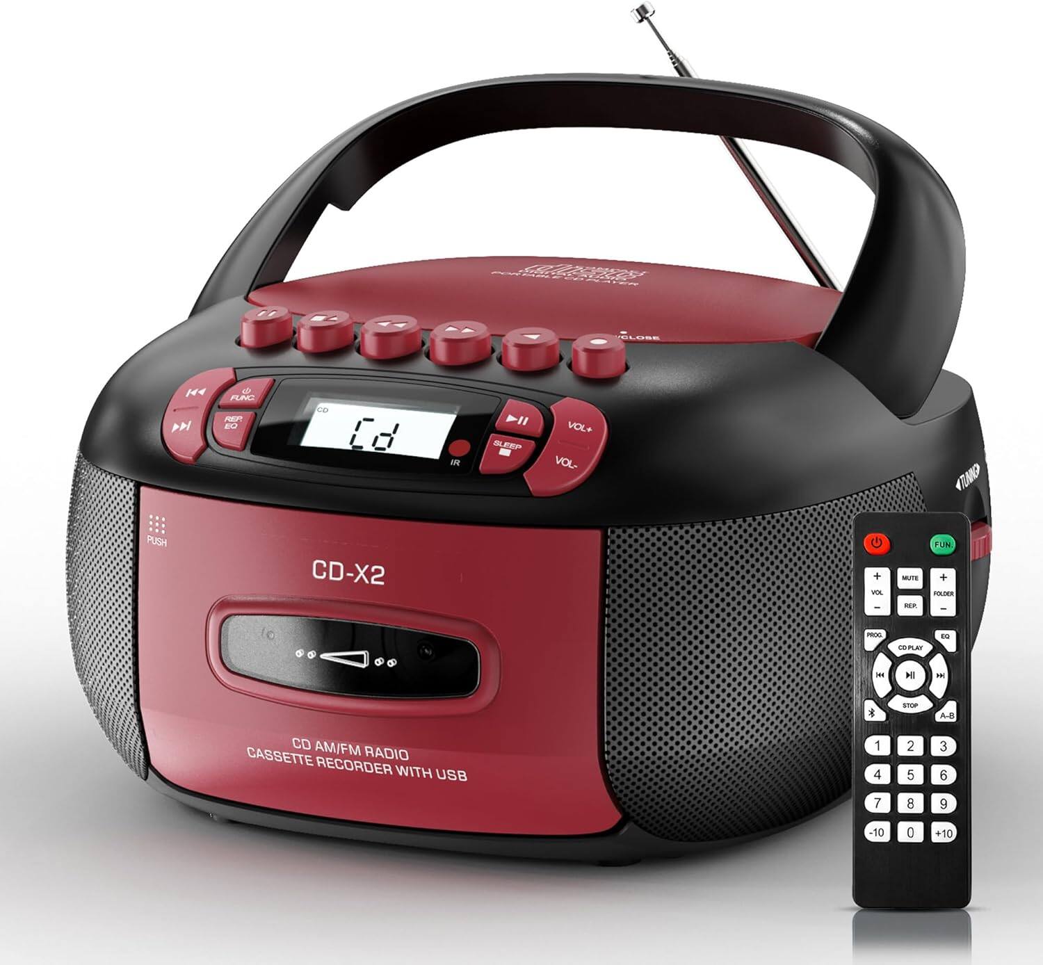 Sure, here is the corrected and grouped text from the image:

---

**CD-X2**

**CD AM/FM RADIO CASSETTE RECORDER WITH USB**

**FLAC AEF - Co Ed I i SLFFP VOL+ VOL- <NO PUS CD-X2 G -E - NE. FUN + - LA t. - HI I. emorr C AM/FM CASSETTE RADIO RECORDER WITH USB**

**Remote Control:**

- VOL+
- VOL-
- MUTE
- REW
- FF
- PLAY
- STOP
- A-B
- 1
- 2
- 3
- 4
- 5
- 6
- 7
- 8
- 9
- -10
- 0
- +10

**Buttons on the Device:**

- FLAT
- REPEAT
- GO
- CD
- IR
- GLIDE
- VOL+
- VOL-
- CD-X2

---

This text includes the model name, description, and the labels from both the device and the remote control.