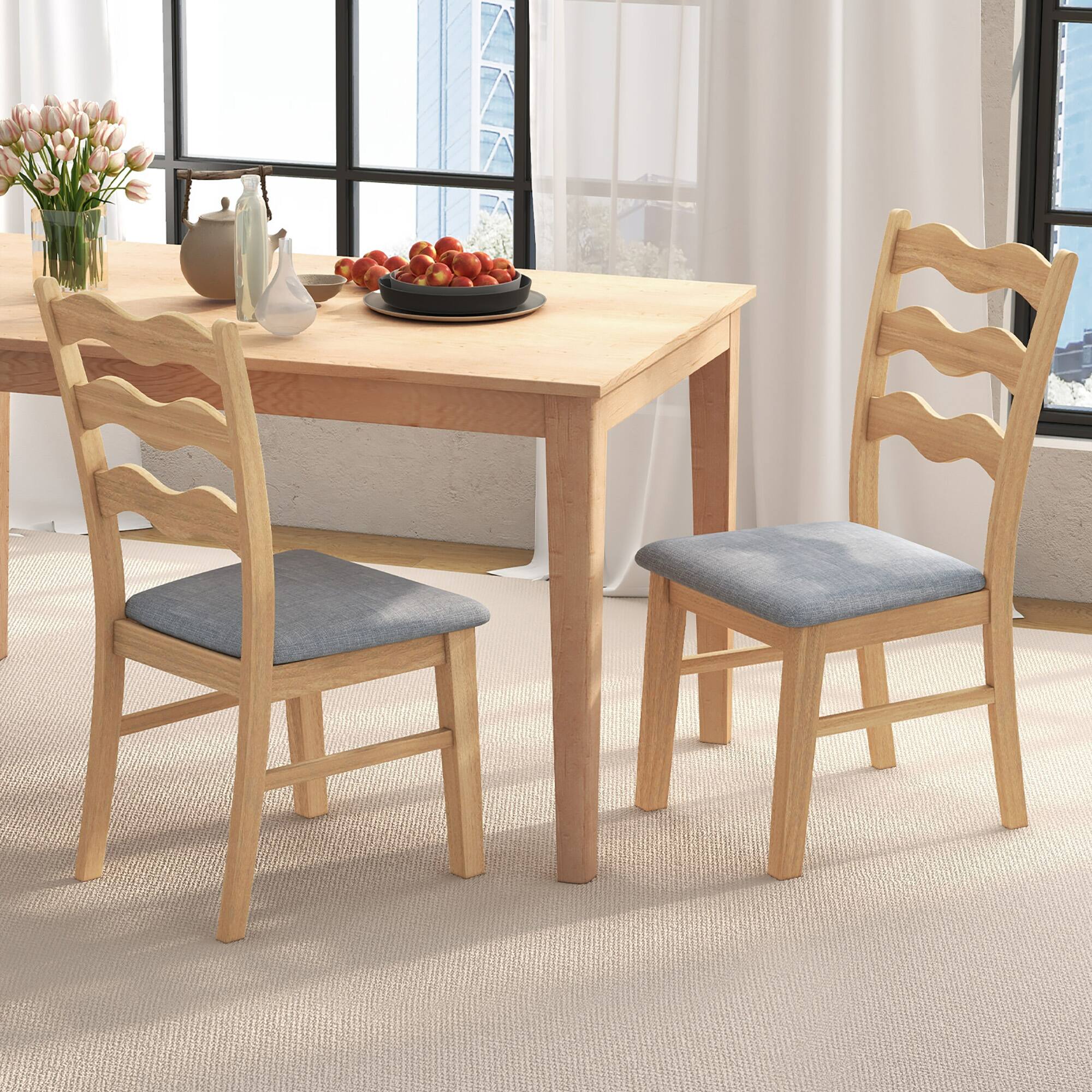 Alt View 5. Gymax - Gymax Dining Chair Set of 4 w/ Padded Seat Hollowed Wave Backrest Rubber Wood Frame - Natural, Grey.