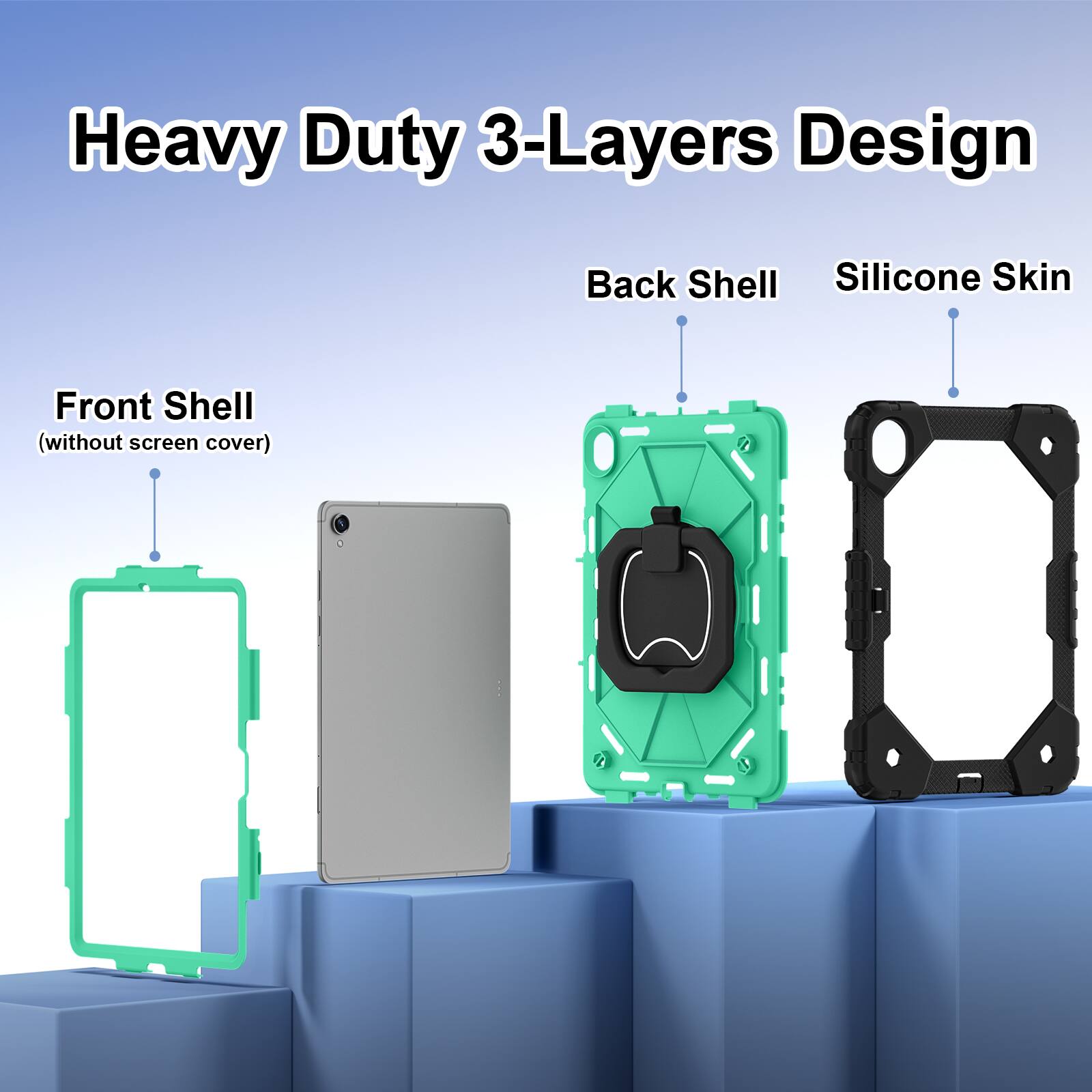 Heavy Duty 3-Layers Design  
Front Shell (without screen cover)  
Back Shell  
Silicone Skin