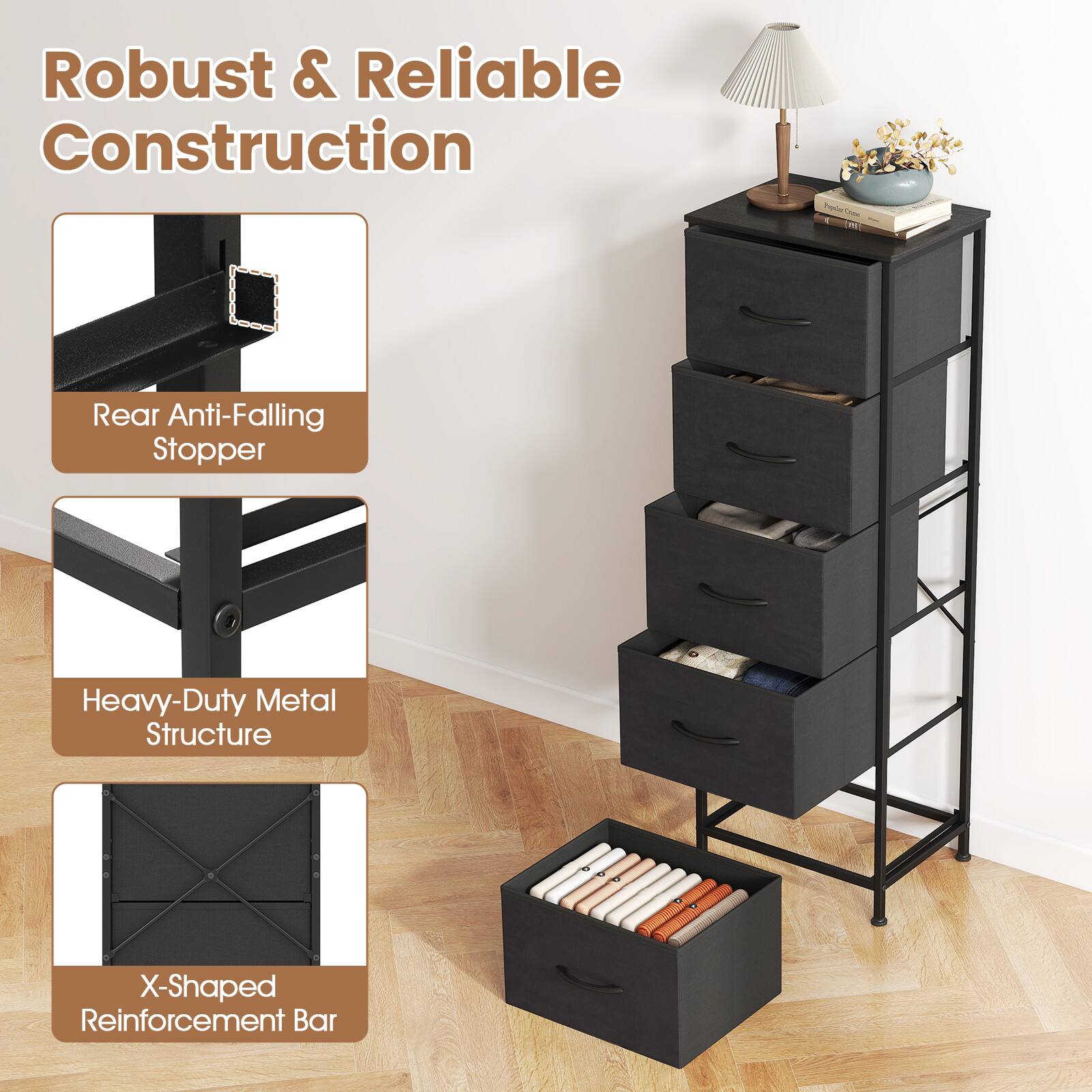 Robust & Reliable Construction

- Rear Anti-Falling Stopper
- Heavy-Duty Metal Structure
- X-Shaped Reinforcement Bar