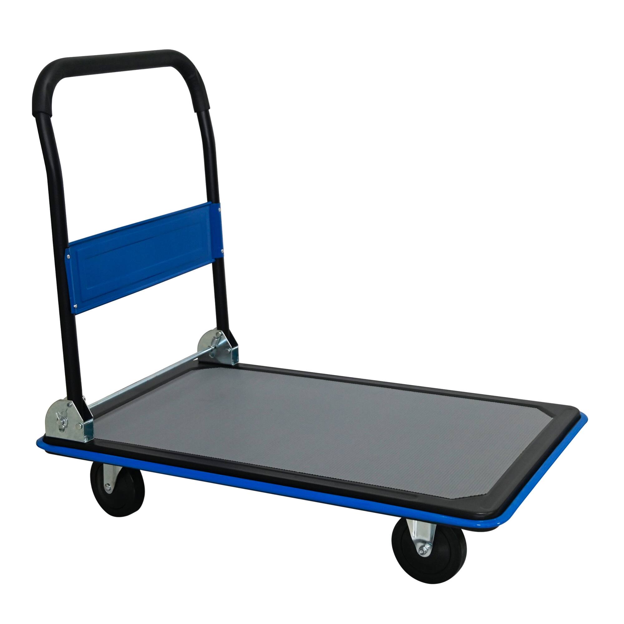 Left. ELEMENT ACE - Heavy Duty Foldable Platform Hand Truck with Swivel Wheels for Efficient Loading and Storage - Blue.