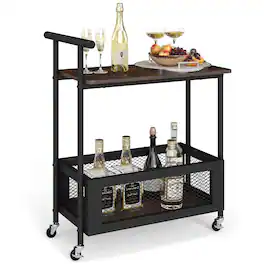 Costway - Rolling End Table with Lockable Wheels Handle 2 Storage Shelves Industrial Bar Cart - Black,Rustic Brown