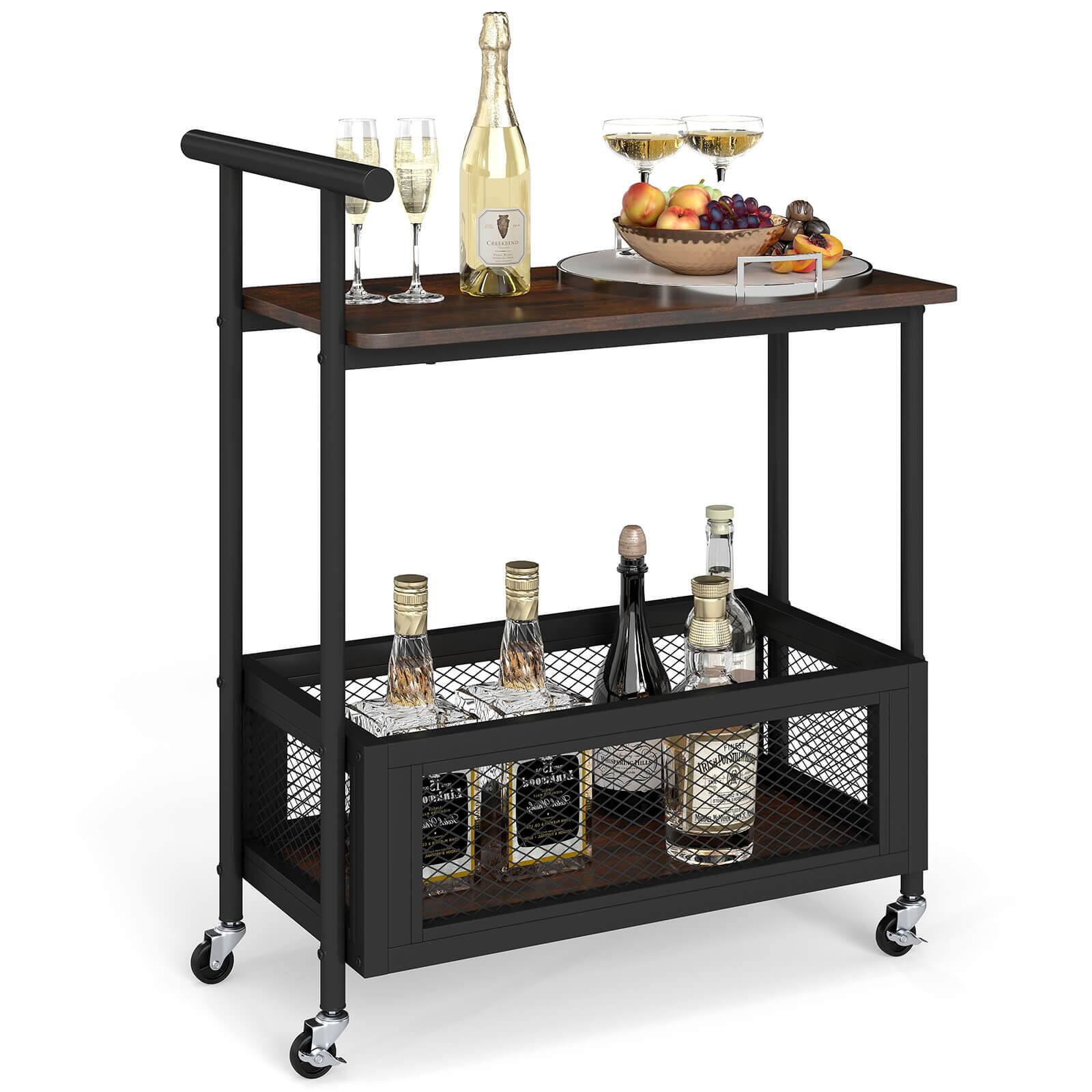 Costway - Rolling End Table with Lockable Wheels Handle 2 Storage Shelves Industrial Bar Cart - Black,Rustic Brown