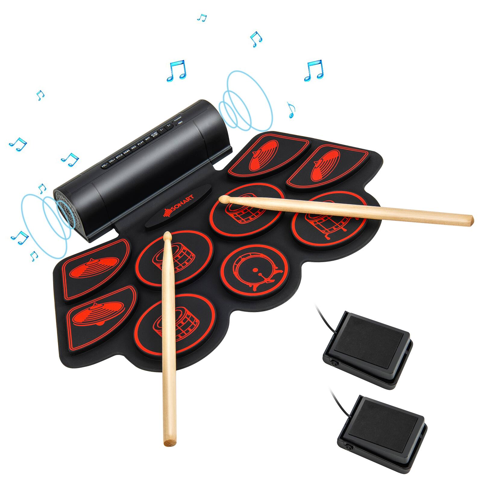 Costway - 9 Pads Electronic Drum Set with Sticks & Pedals for Kids, Adult, Beginners - Black,Red