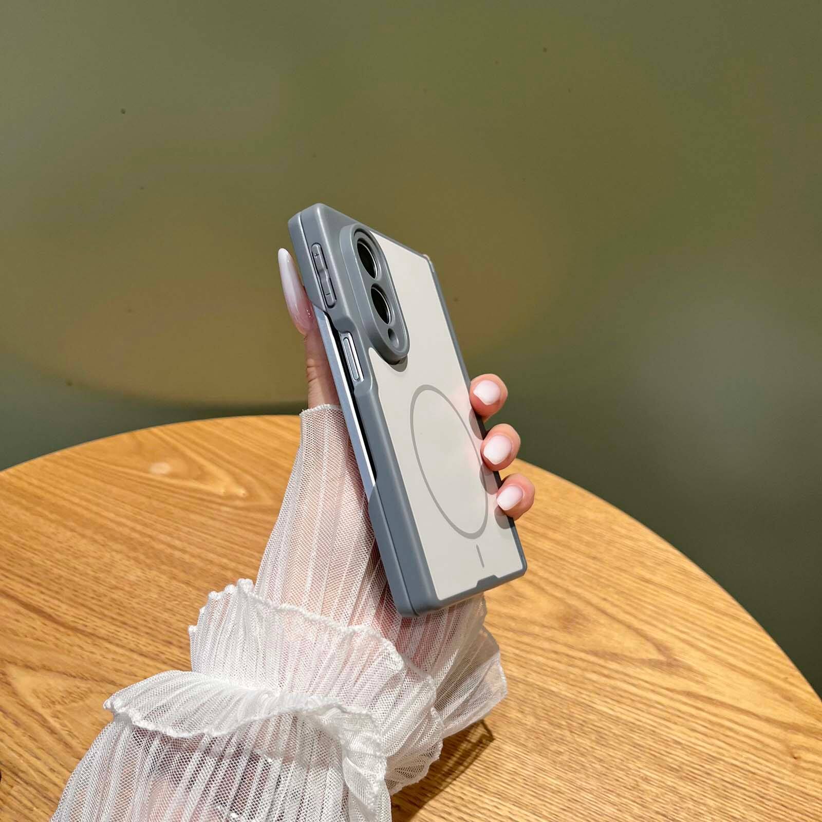 Left. Dteck - Shockproof Magnetic Back Case for Samsung Galaxy Z Fold8, Slim Hybrid Cover with Hinge Guard, Raised Edge Screen Camera - Gray.