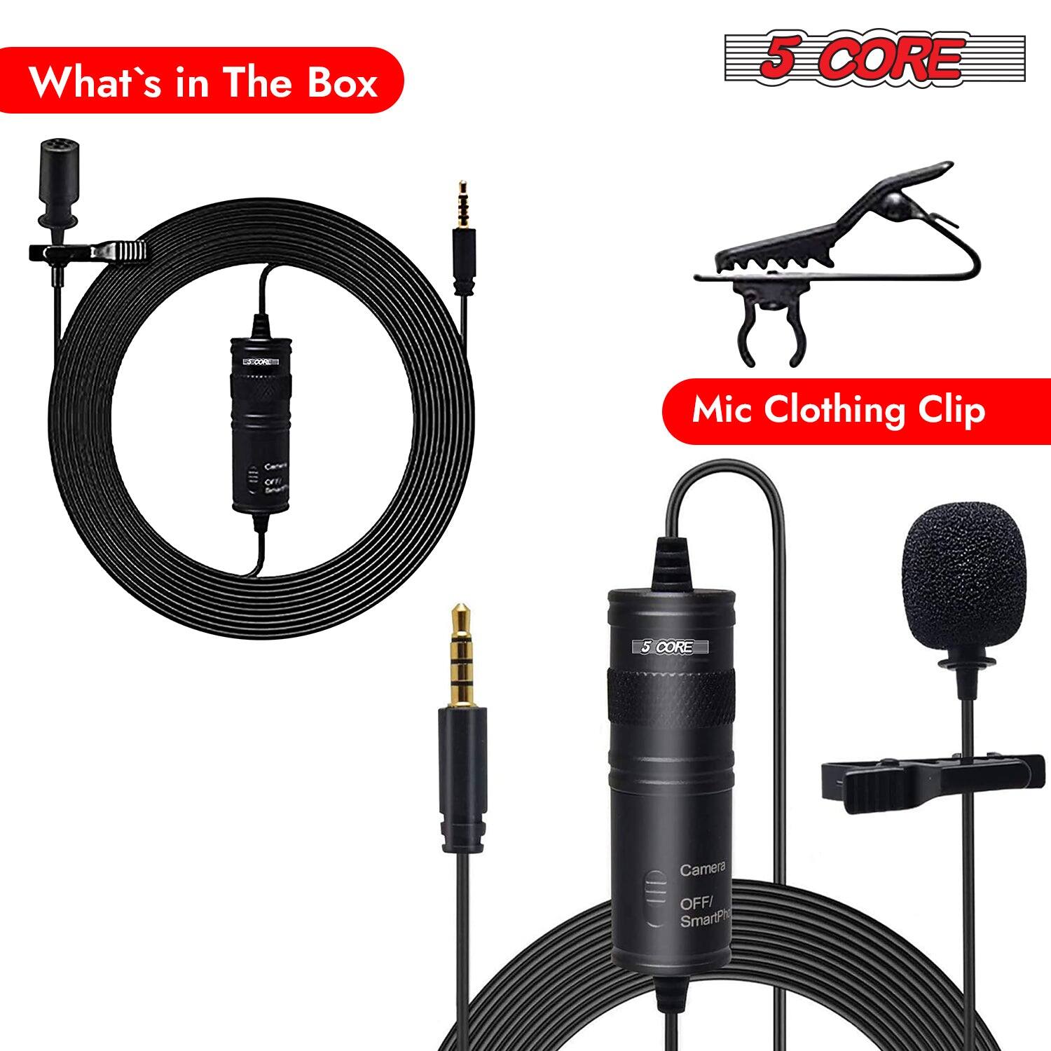 What's in The Box, 5 CORE, Mic Clothing Clip, 5 CORE, Camera OFF/SmartP