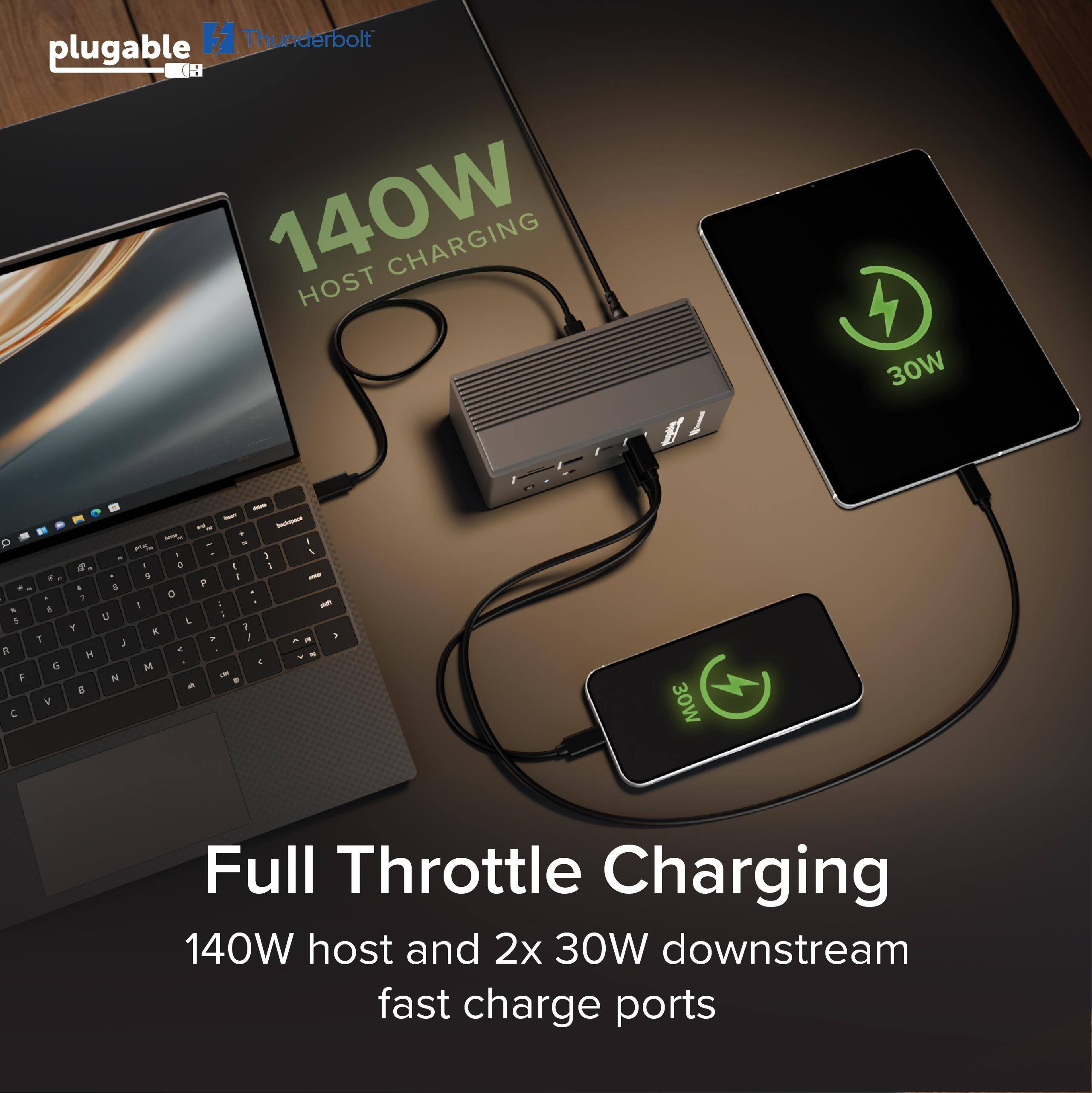 H1 Thunderbolt plugable K 140W CHARGING HOST 1 30W D 1 A F E . . G V - - - - - - - ~ A - .  9 . I I . I - a E F 1 O I d a U : L e  1 i 1 - I 1 - -  - -  M N4 - - - B 30W Full Throttle Charging 140W host and 2x 30W downstream fast charge ports