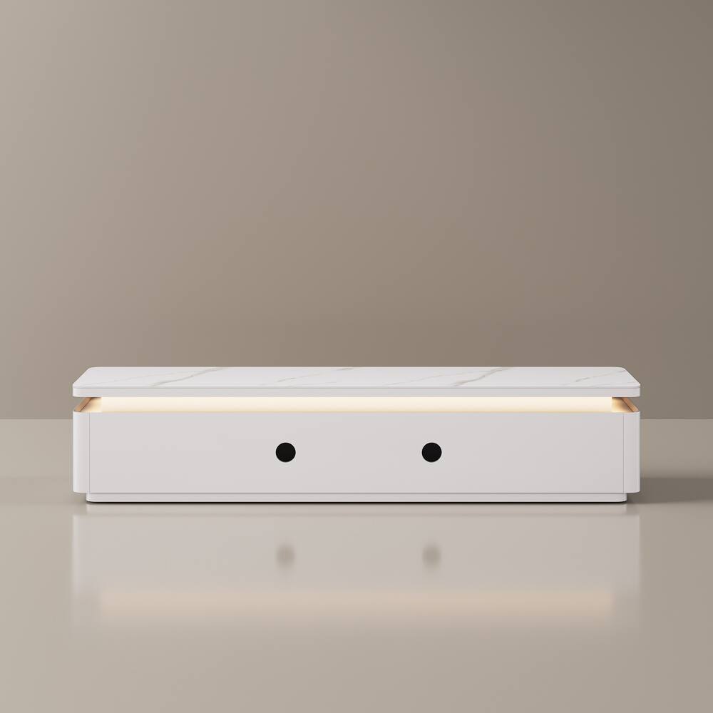 Alt View 9. POVISON - 79" Fully Assembled White Glossy Sintered Stone Mid-Century TV Stand with LED Lights and Drawers for 65 to 75 In TVs - White.