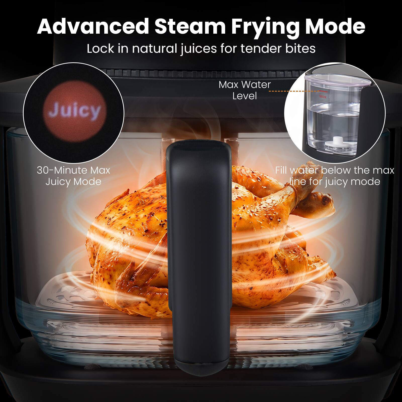 Advanced Steam Frying Mode  
Lock in natural juices for tender bites  

Juicy  
30-Minute Max Juicy Mode  

Max Water Level  
Fill water below the max line for juicy mode