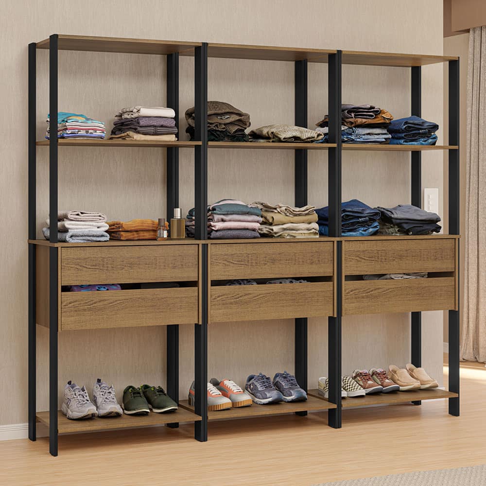 Madesa - Wardrobe Clothes Storage Rack with 6 Drawers and Open Shelves 82"L - Black/Brown - Rustic/Black