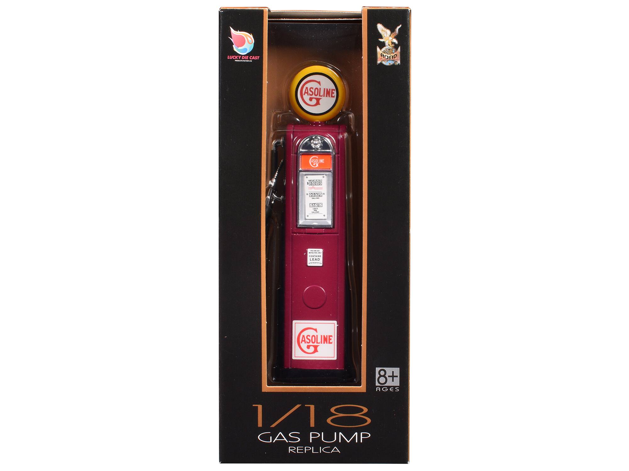 LUCKY DIE CAST  
ASOLINE  
1/18 GAS PUMP REPLICA  
8+ AGES  
Adia - 550 - 52 CO LEAD  
ASOLINE  
ASOLINE  
ASOLINE