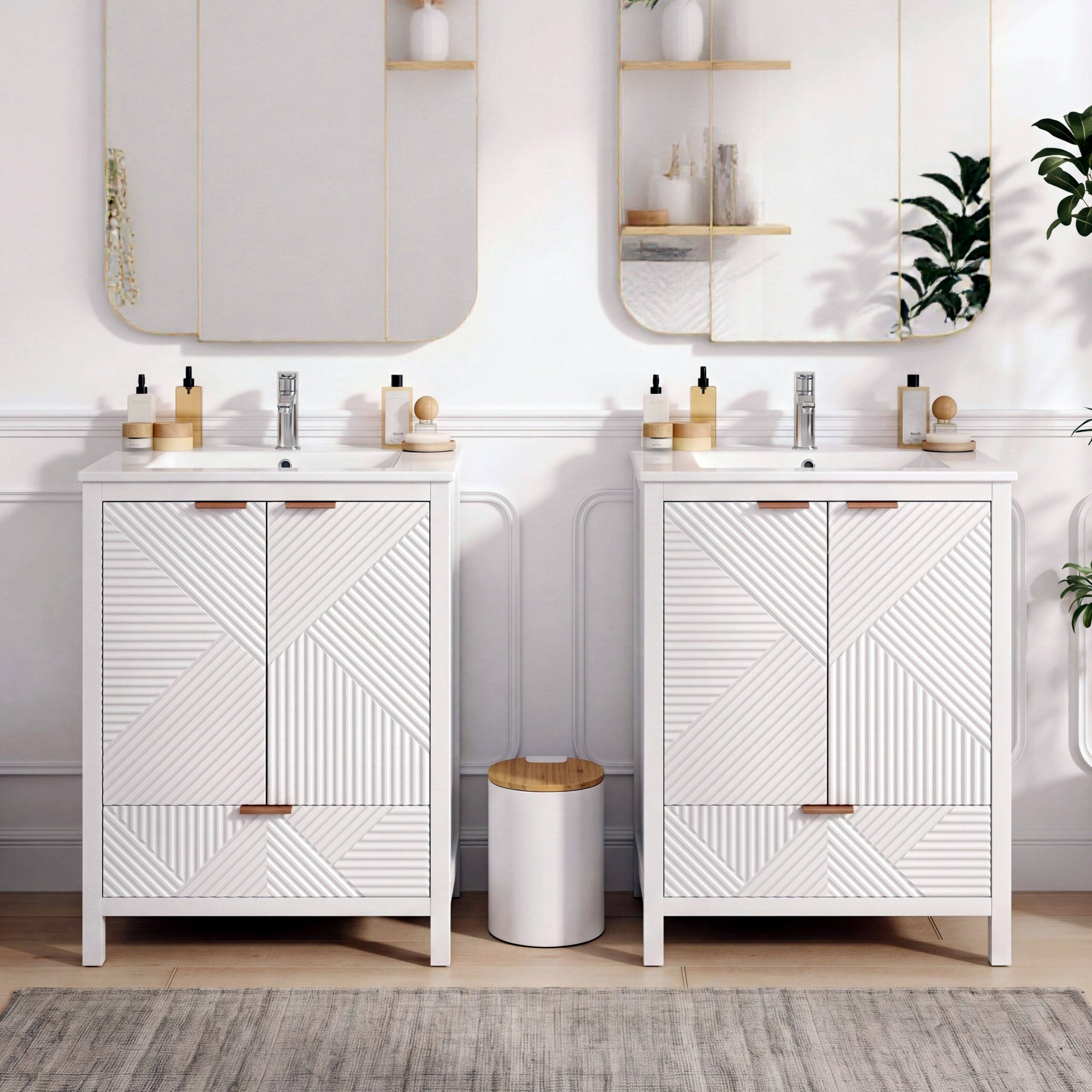 Left. Loheer - 4.04 ft Bathroom Vanity Set with Double Ceramic Sinks, Soft Close Doors and Drawer for Bath - White.