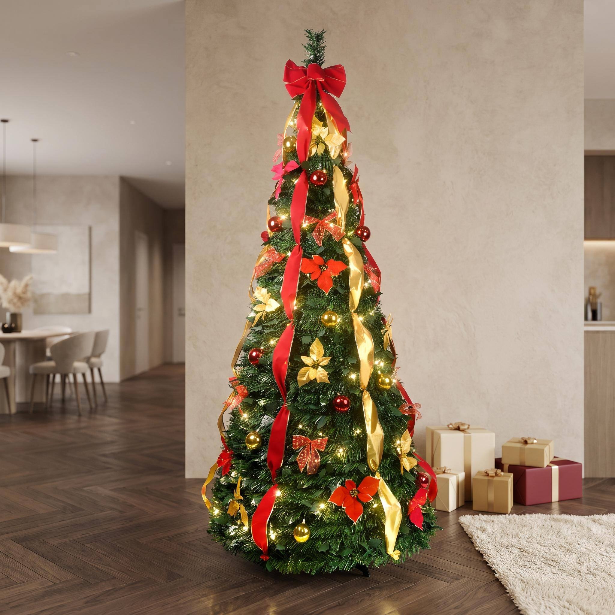 Front. Forest'nSky - 7.5 Ft. Prelit Pop Up Christmas Tree Decoration with 150 Warm Lights for Holiday - Green.