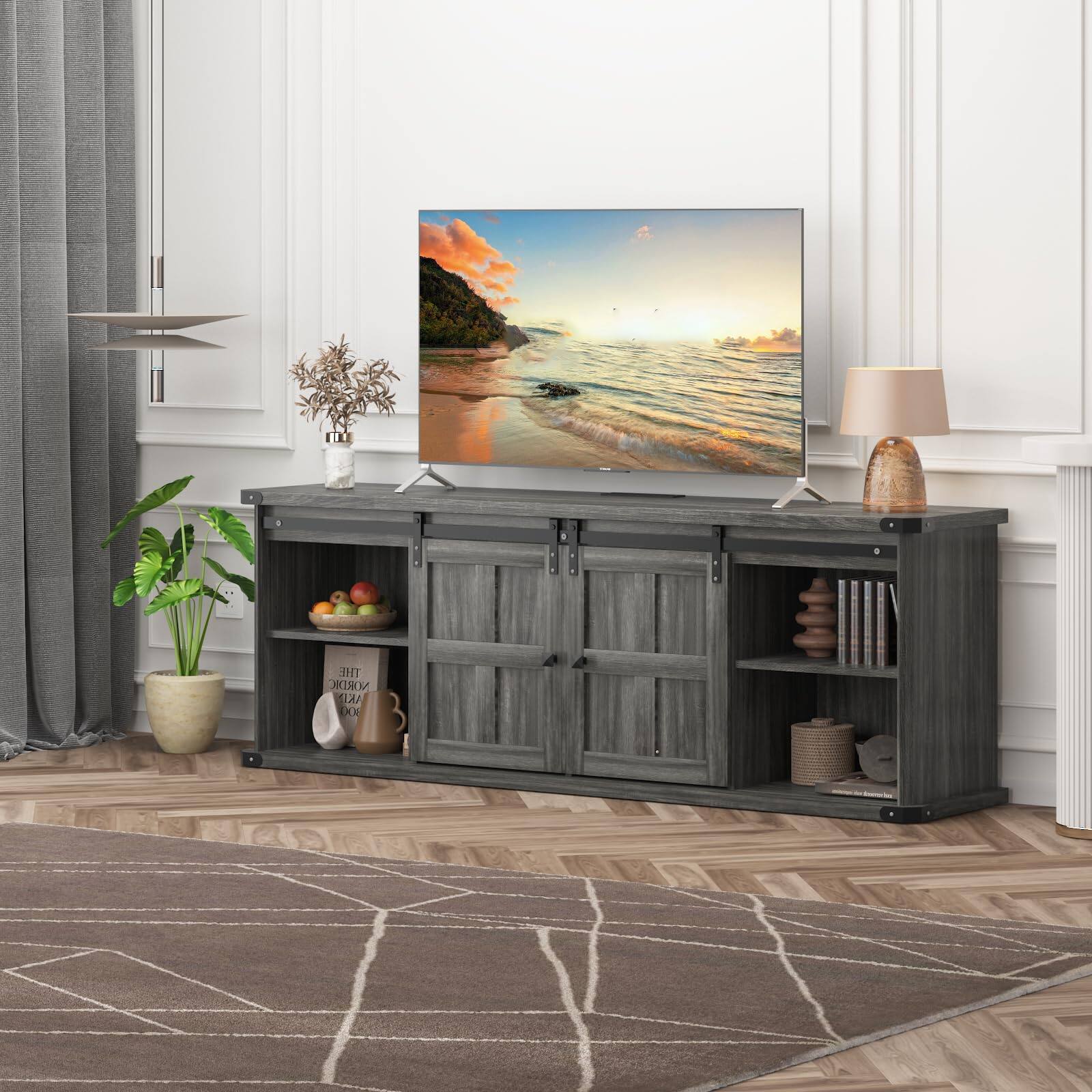 Left. Qeetex - 70" Farmhouse TV Stand for 75" TVs, Sliding Barn Door Entertainment Center with Cabinets & Open Storage - Dark Gray.
