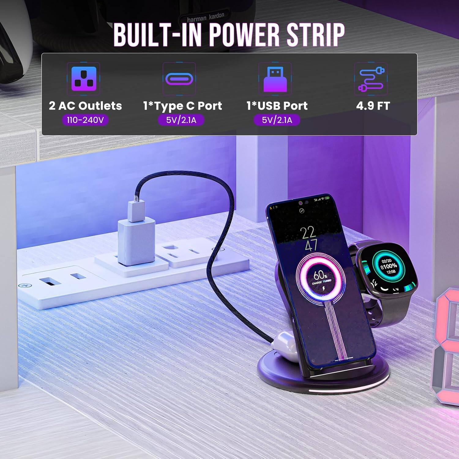 harman kardon BUILT-IN POWER STRIP  
2 AC Outlets  
1*Type C Port  
110-240V  
5V/2.1A  
1*USB Port  
5V/2.1A  
4.9 FT