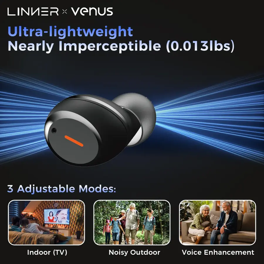 The text on the image is grouped and corrected as follows:

LINKER X venus Ultra-lightweight Nearly Imperceptible (0.013lbs) 3 Adjustable Modes: Indoor (TV) Noisy Outdoor Voice Enhancement