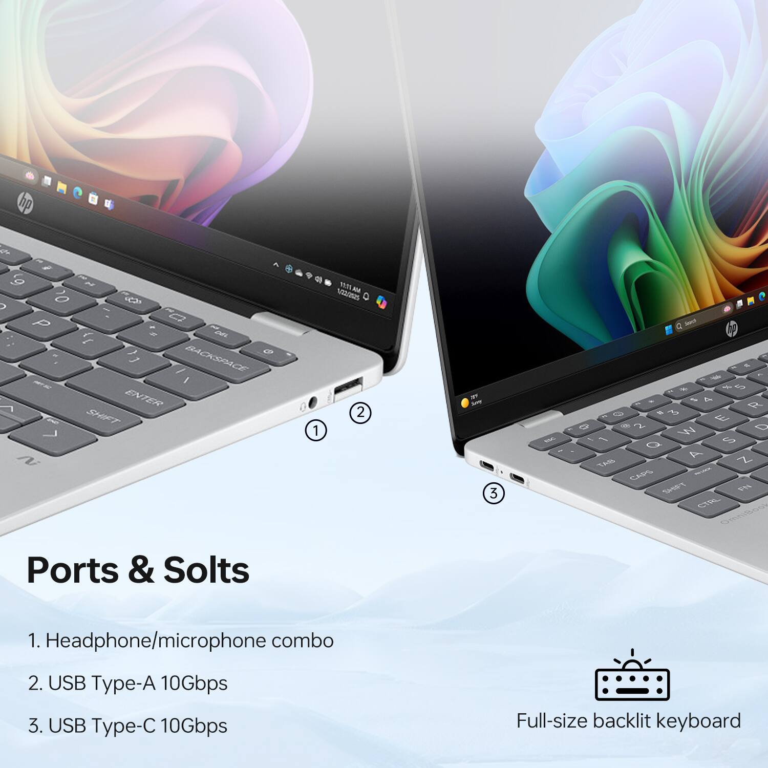 Sure, here is the corrected and grouped text:

---

**Ports & Slots**

1. Headphone/microphone combo
2. USB Type-A 10Gbps
3. USB Type-C 10Gbps

**Full-size backlit keyboard**

---

**hp 6%**

**9 - 0 > O C 2 P G2 4 2 2o J 1 8 t BACKSPACE - 2 ENTER - SHFT 1 N**

**Ports & Slots**

1. Headphone/microphone combo
2. USB Type-A 10Gbps
3. USB Type-C 10Gbps

**Full-size backlit keyboard**
