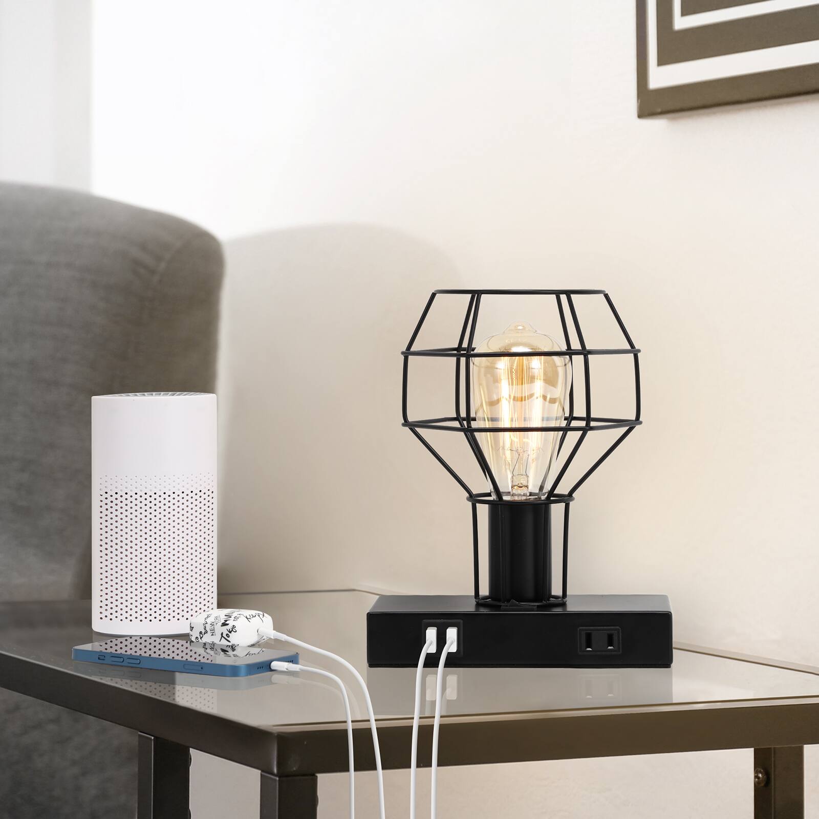 Alt View 2. Oumilen - Industrial Metal Cage Table Lamp with Dual USB Ports & Power Outlet, E26 Socket, 8.66in Tall for Bedroom Living Room.