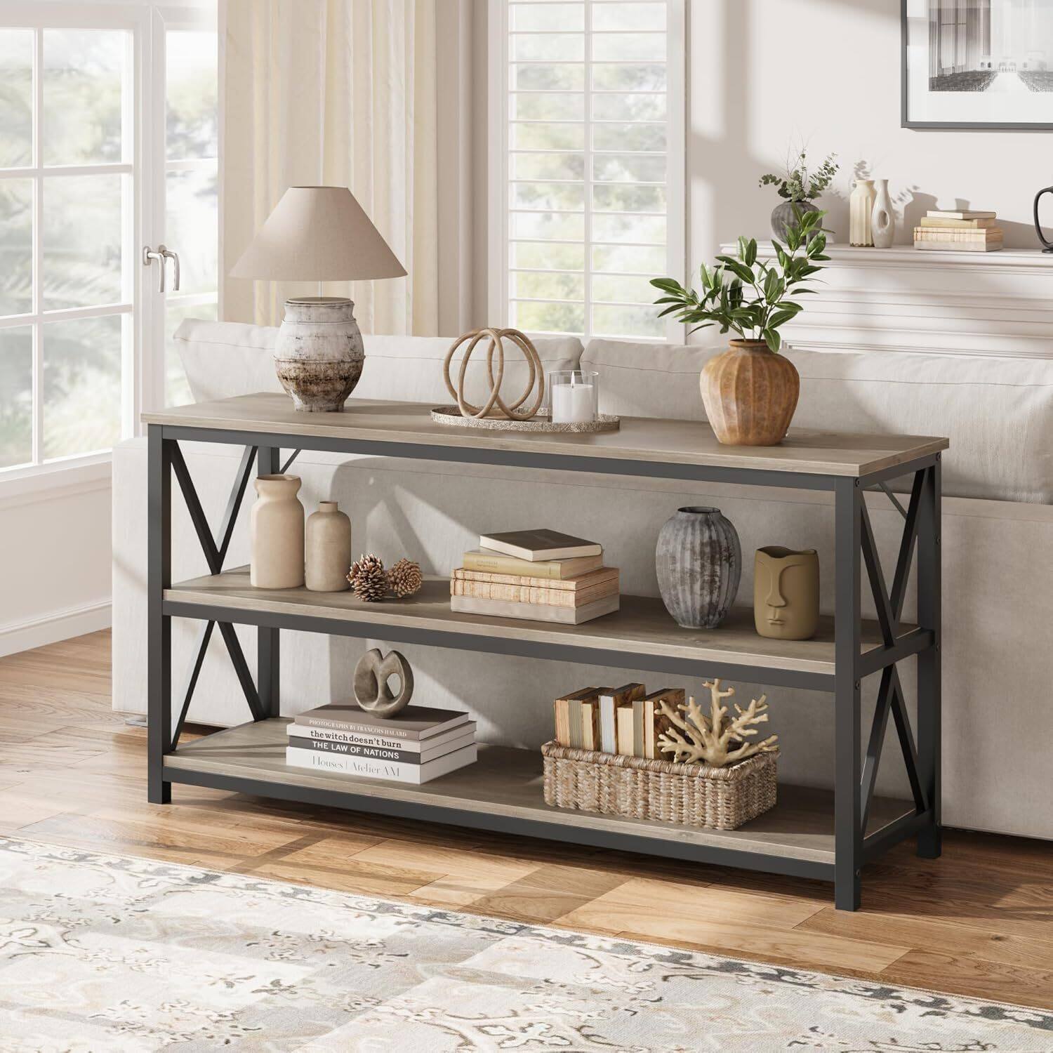 Acekool - Long Console Table, Wooden Fluted Entryway Table - Gray