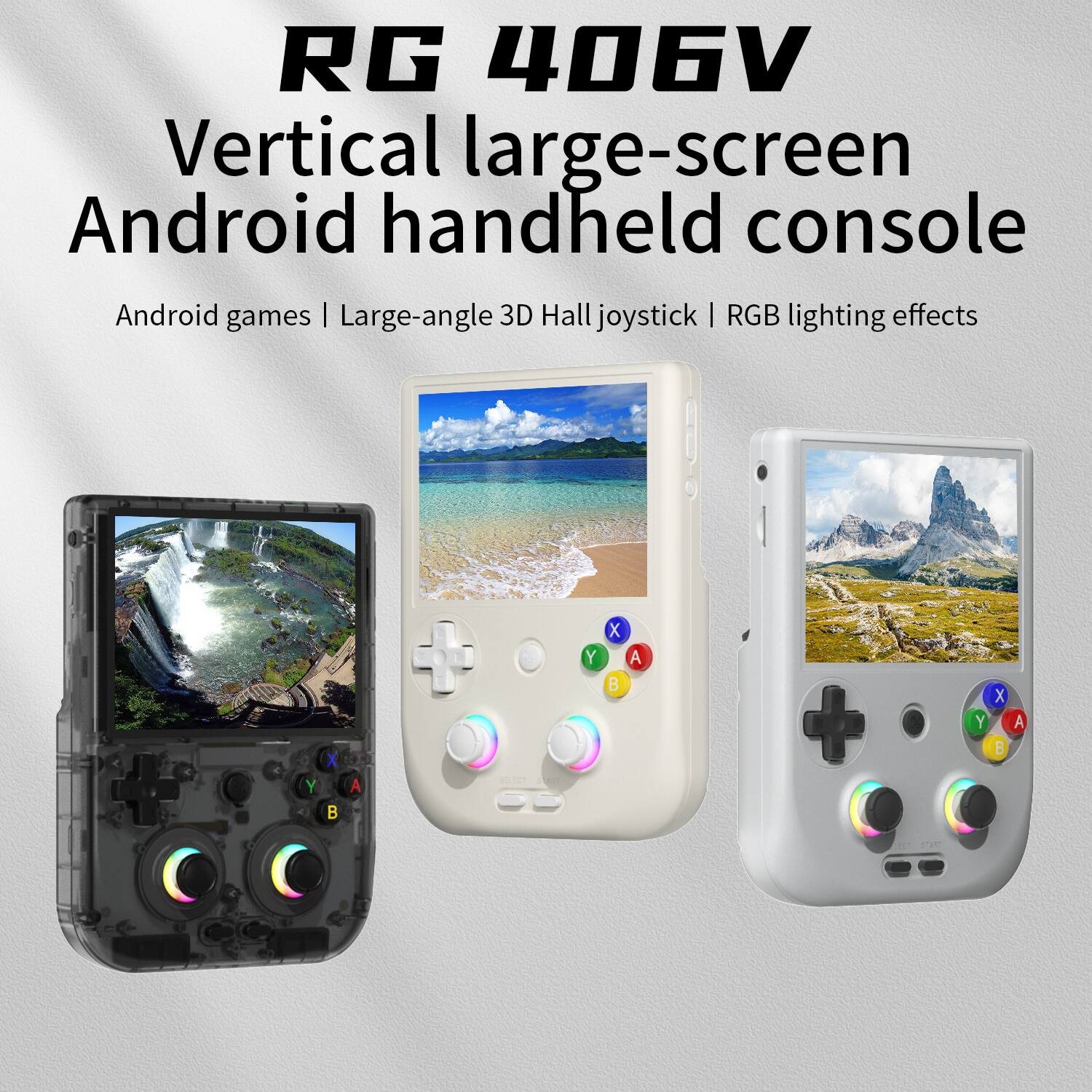 RG 406V Vertical large-screen Android handheld console. Android games. Large-angle 3D Hall joystick. RGB lighting effects.