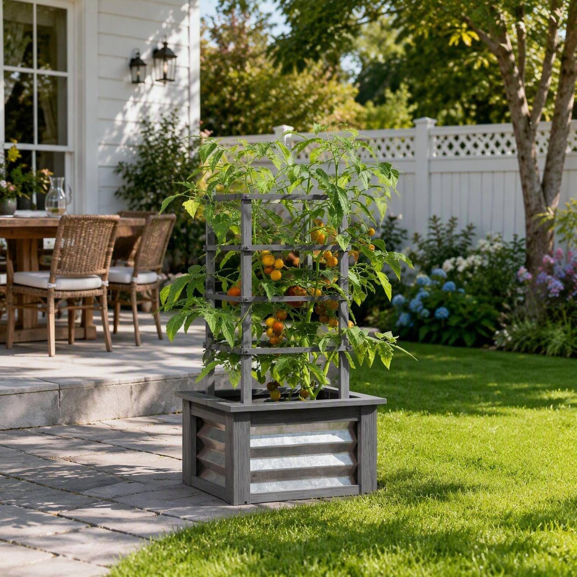 Alt View 2. RYHNUYNE - Raised Garden Bed with Trellis, Galvanized Planter Box on Fir Wood Stand for Climbing Plants, Vegetables - Grey.