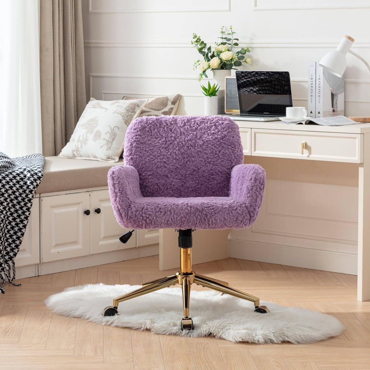 Alt View 7. Ecooso - Artificial rabbit hair Home Office Chair with Golden Metal Base,Adjustable Desk Chair Swivel Office Chair,(Violet) - Violet.