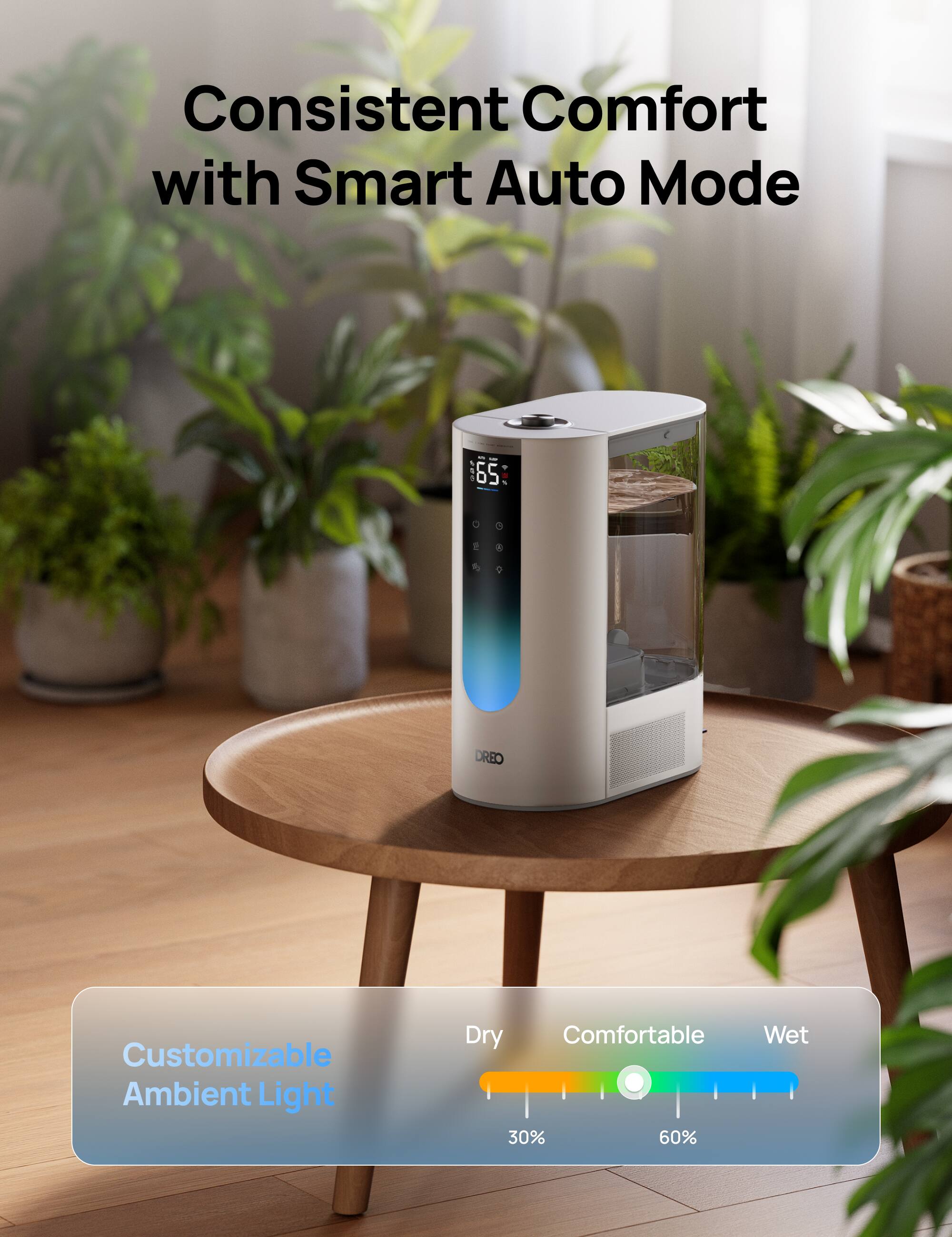 Consistent Comfort with Smart Auto Mode
Customizable Ambient Light
Dry 30% Comfortable 60% Wet