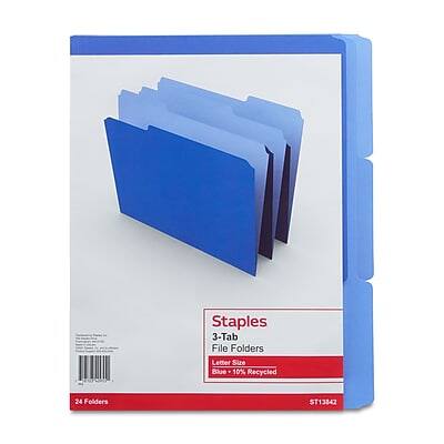 Staples  
3-Tab File Folders  
Letter Size  
Made with 10% Recycled Content  
24 Folders  
ST13842