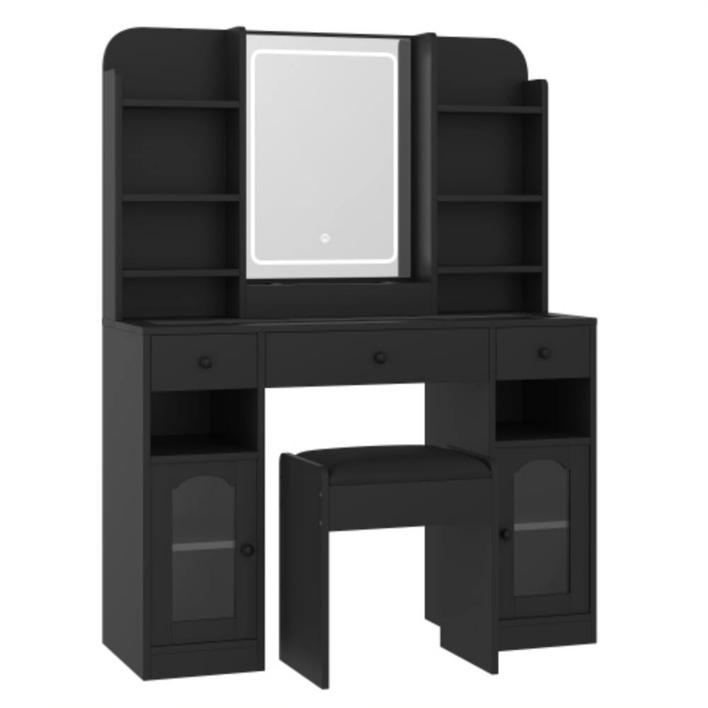 Alt View 3. LUCKY ONE - 43.2" Vanity Desk w/ LED Mirror RGB Glass Cabinets 3 Drawers & Stool - Black.