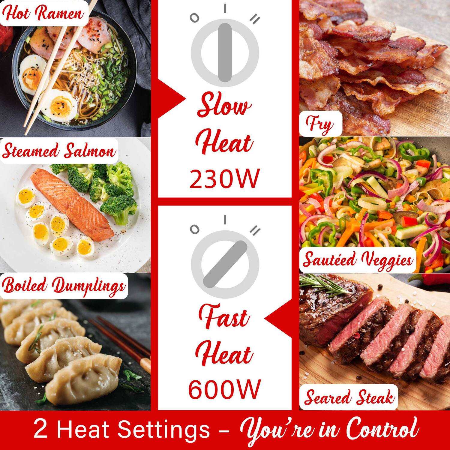 Hot Ramen  
Steamed Salmon  
Boiled Dumplings  

Slow Heat 230W  
Fast Heat 600W  

Fry  
Sautéed Veggies  
Seared Steak  

2 Heat Settings - You're in Control