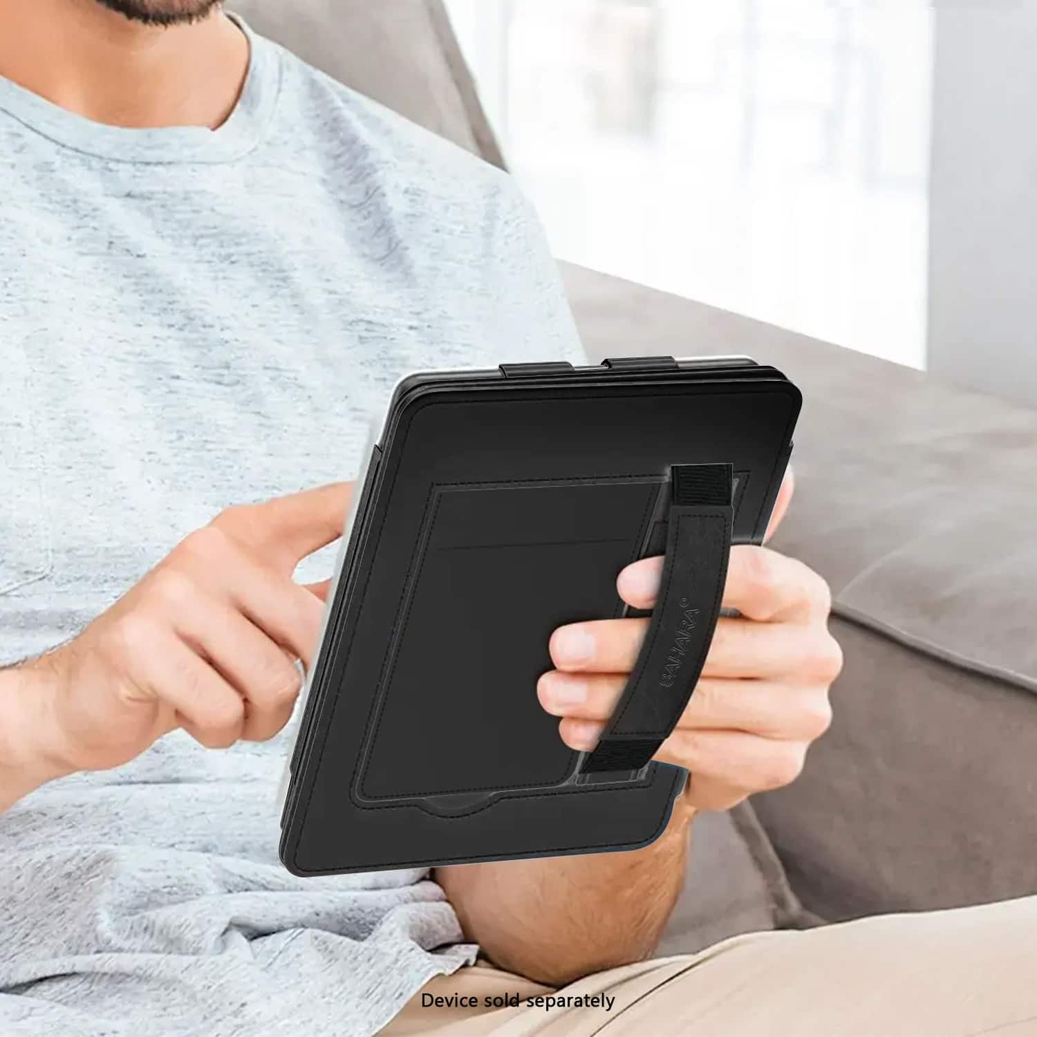 The image shows a man holding a device, which is sold separately.