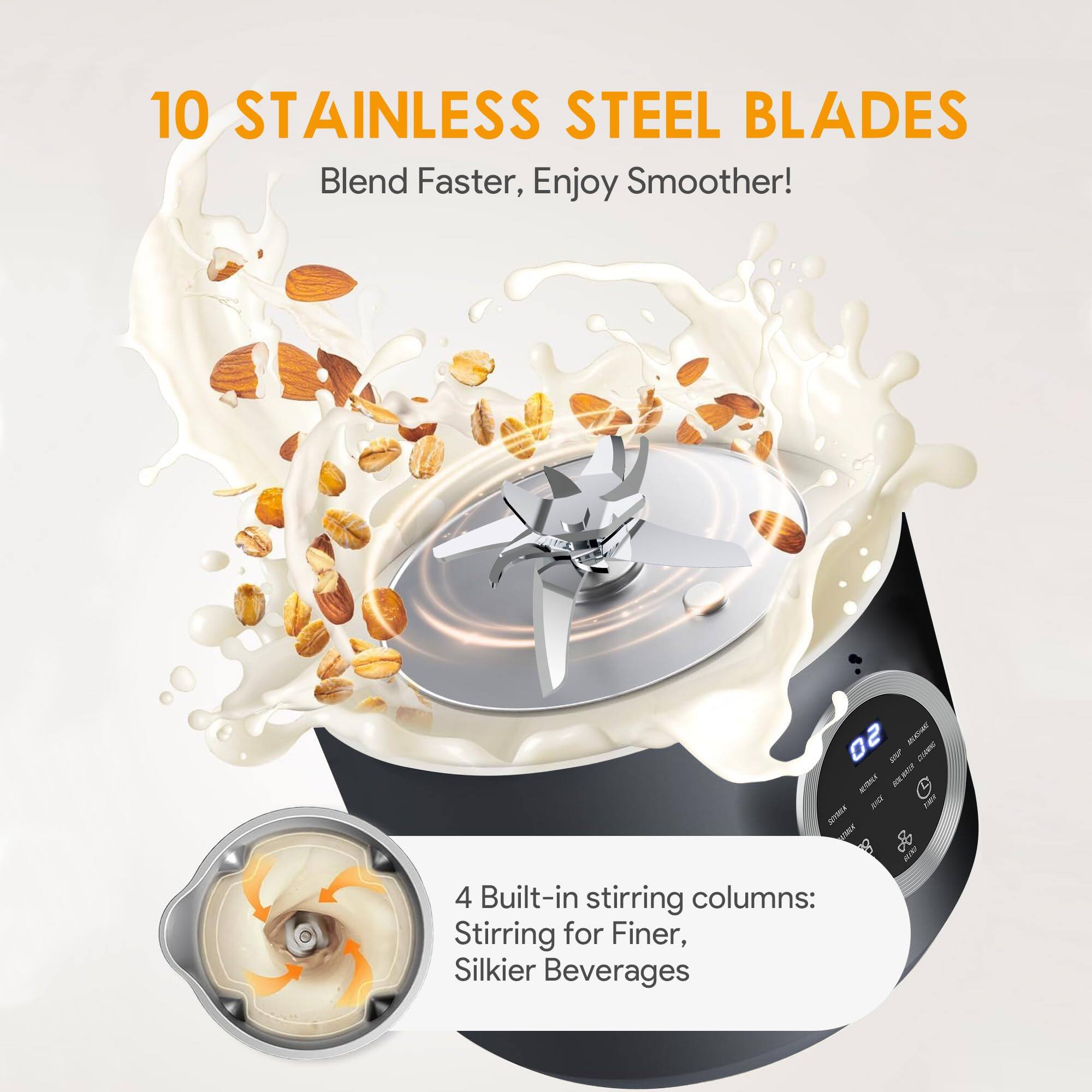 10 STAINLESS STEEL BLADES  
Blend Faster, Enjoy Smoother!  

4 Built-in stirring columns:  
Stirring for Finer, Silkier Beverages