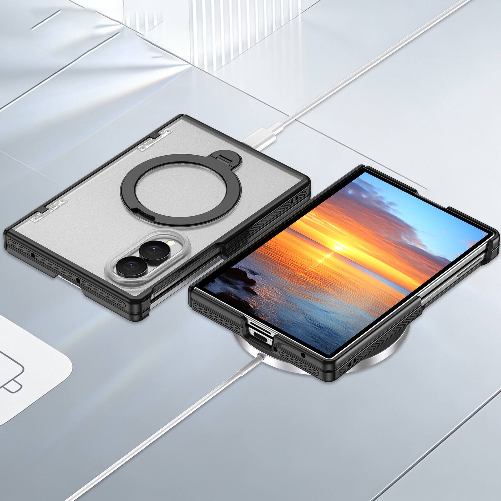 Alt View 2. Dteck - Shockproof Frosted Phone Case for Samsung Galaxy Z Fold8 with Ring Stand, Rugged Slim Magnetic Rigid Plastic Hinge Cover - Matteblack.