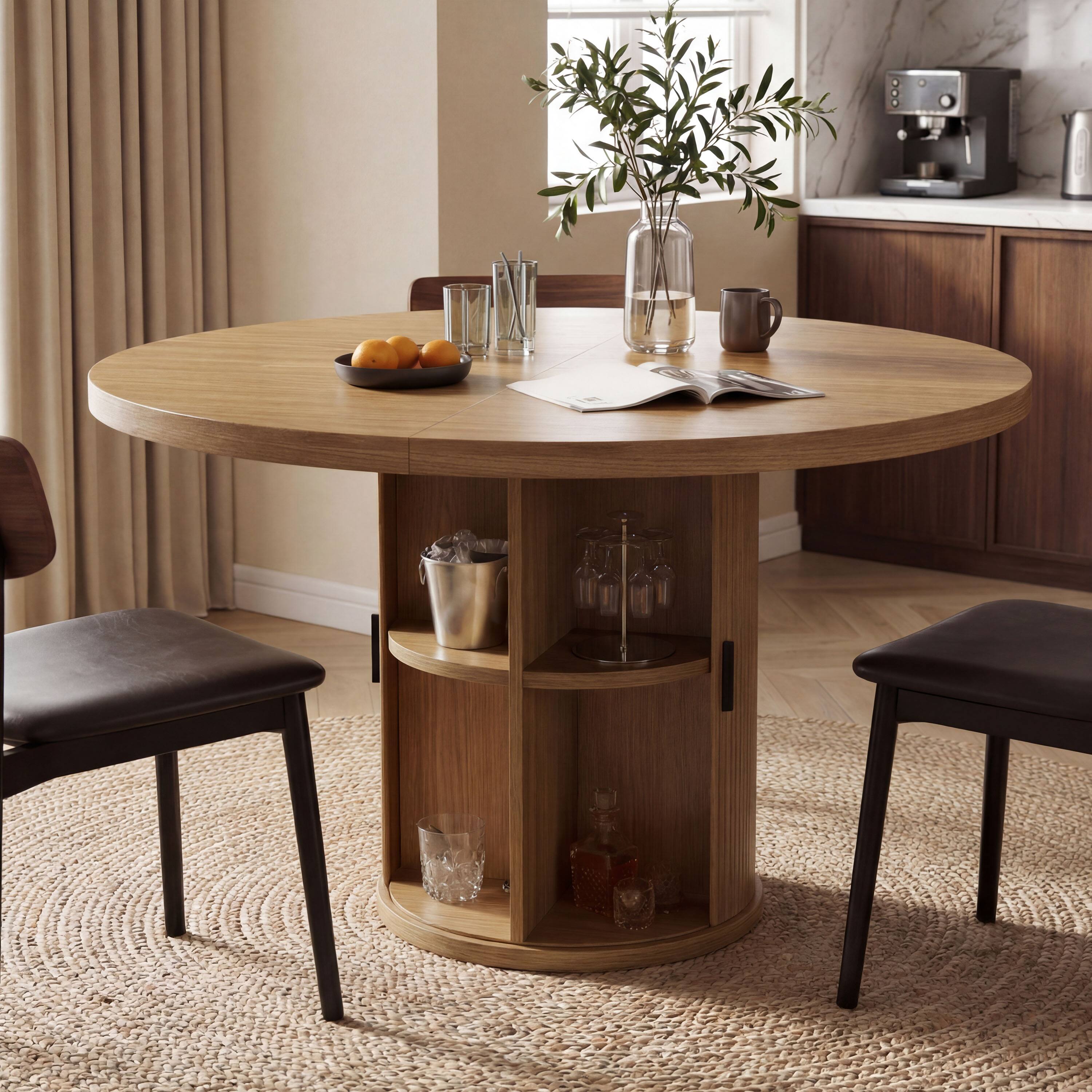 Left. Dyonery - 2-4 Person Round Dining Table, 35.43 inches, Wooden Base, Natural Material, Round Kitchen Dining Table - Walnut.