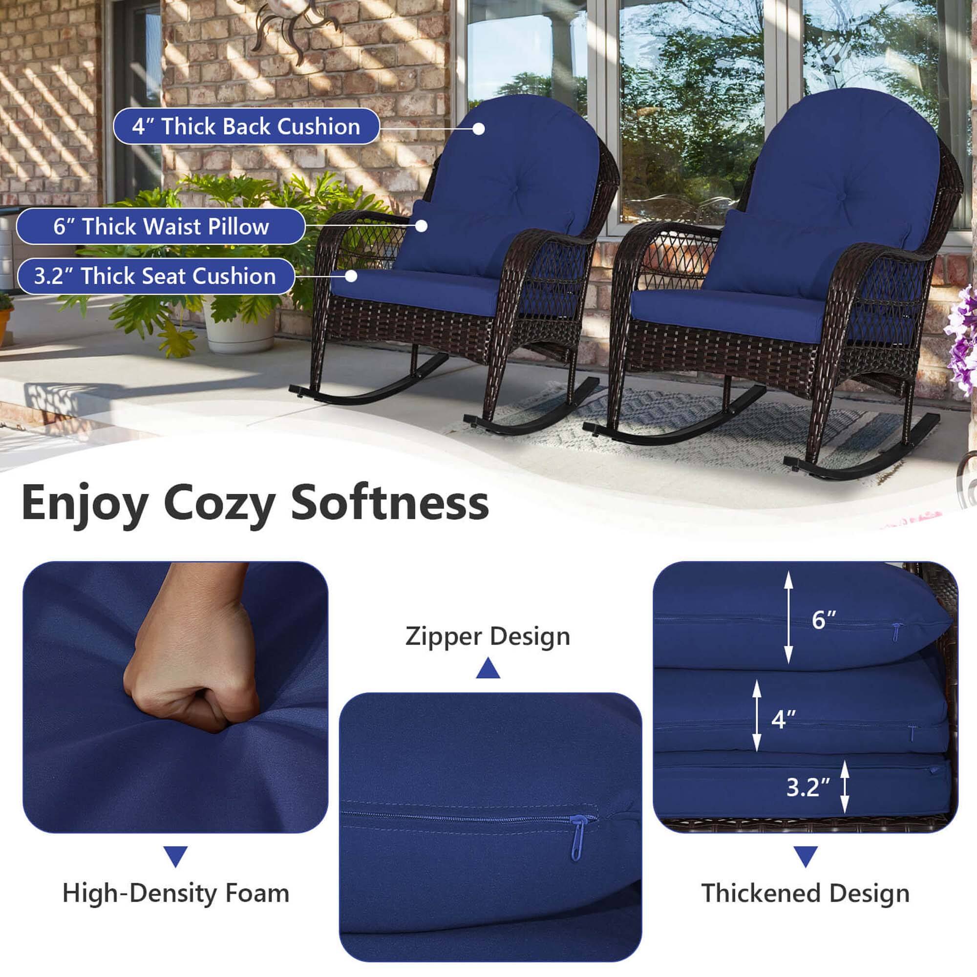 The text on the image is grouped and corrected as follows:
1. 4" Thick Back Cushion
2. 6" Thick Waist Pillow
3. 3.2" Thick Seat Cushion
4. Enjoy Cozy Softness
5. Zipper Design
6. High-Density Foam
7. Thickened Design