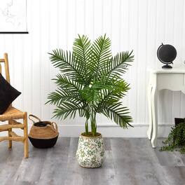 BreeBe - 46" Areca Palm Tree in Floral Print Planter (Real Touch) - Green