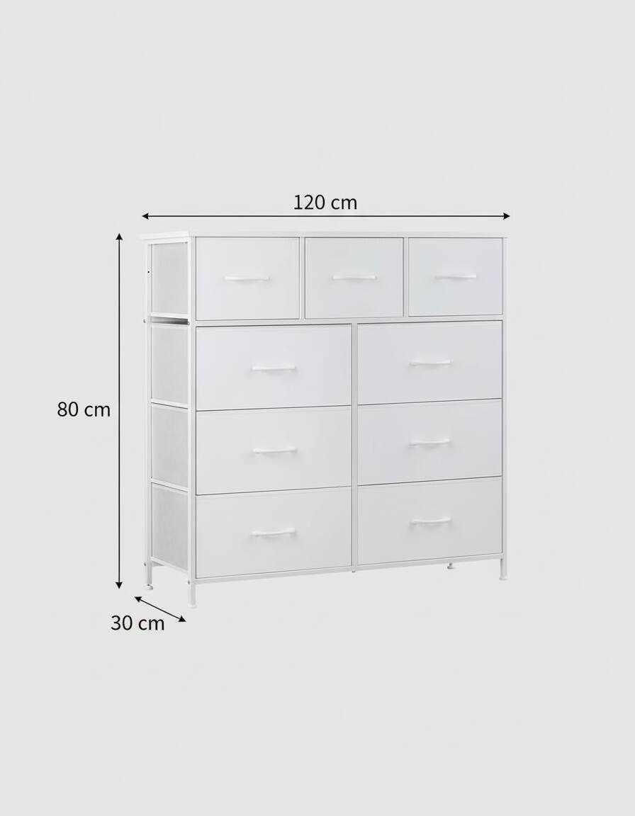 Back. AOITUN - Wide 9-Drawer Fabric Dresser 47", White Storage Chest with Narrow Depth, Horizontal Organizer for Bedroom - White.