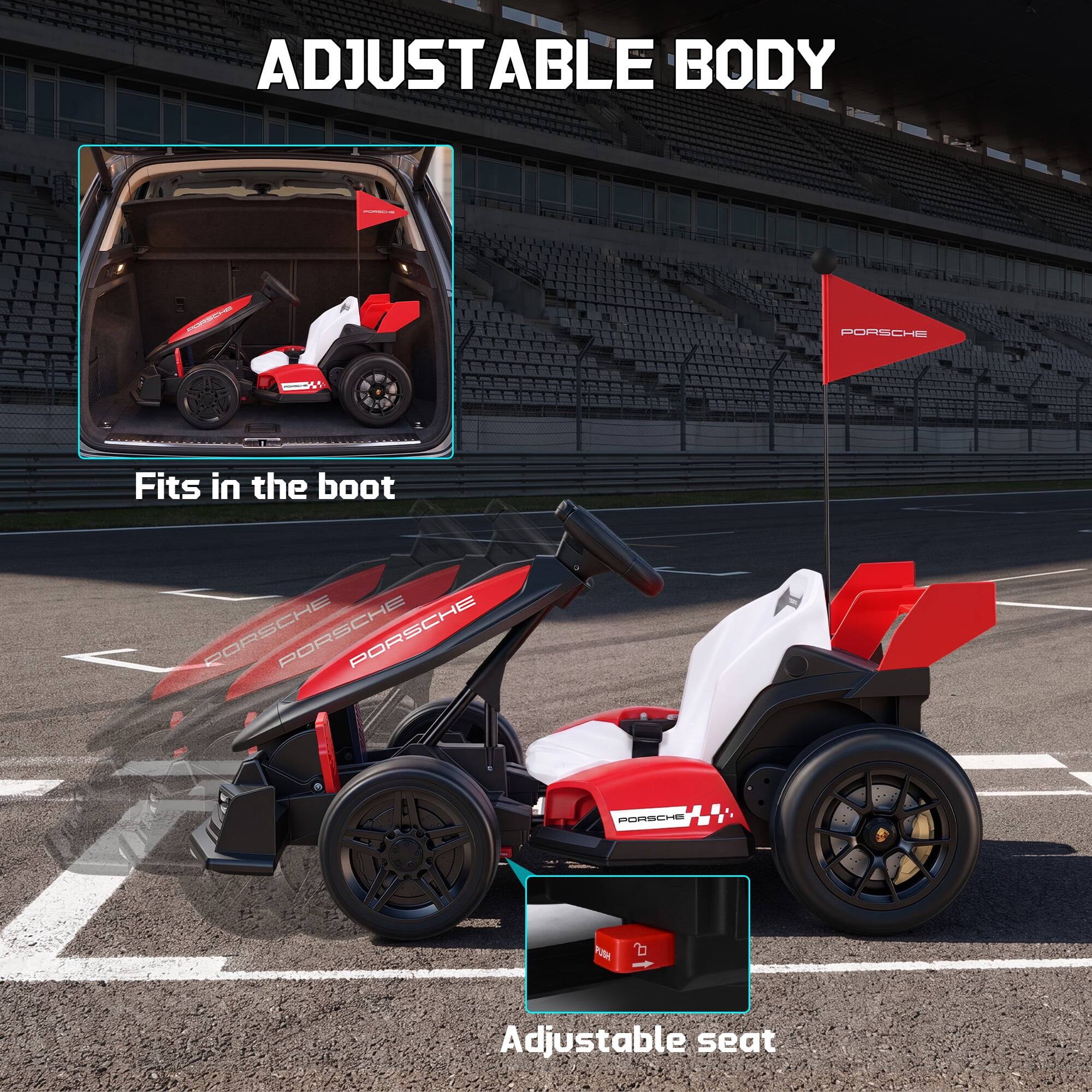 ADJUSTABLE BODY

PORSCHE

Fits in the boot

Adjustable seat