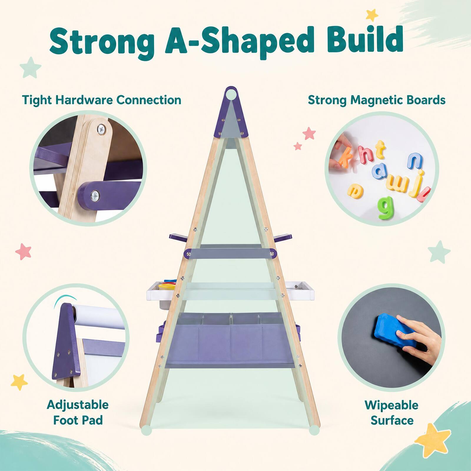 Strong A-Shaped Build  
Tight Hardware Connection  
Strong Magnetic Boards  
Adjustable Foot Pad  
Wipeable Surface