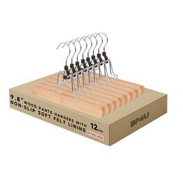 BP4U - 10" Wood Clamp Hangers with Felt Lining, Wooden Pants/Skirts Hangers for Trousers, Jeans, Shorts, and Delicate Fabrics - Natural Wood