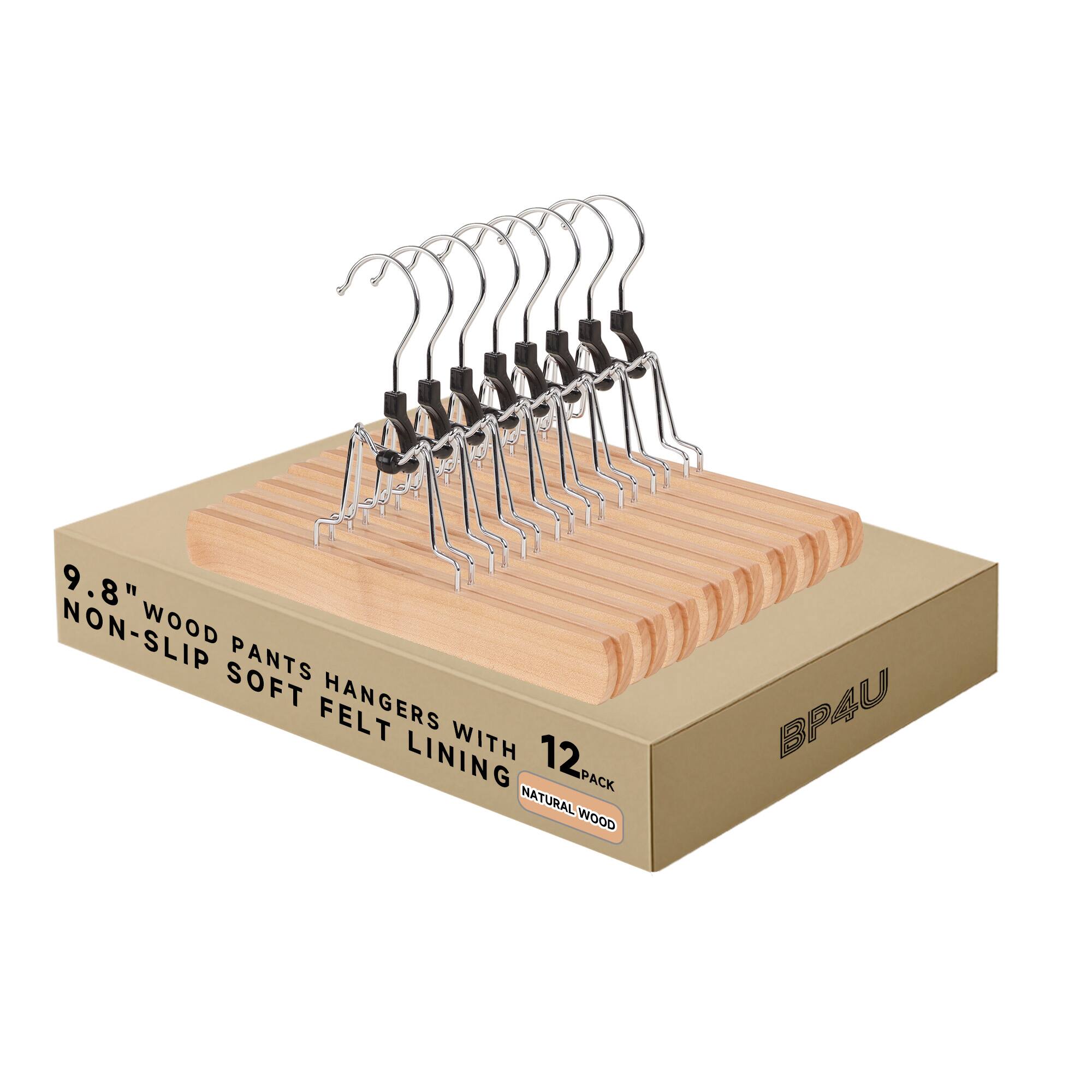 BP4U - 10" Wood Clamp Hangers with Felt Lining, Wooden Pants/Skirts Hangers for Trousers, Jeans, Shorts, and Delicate Fabrics - Natural Wood