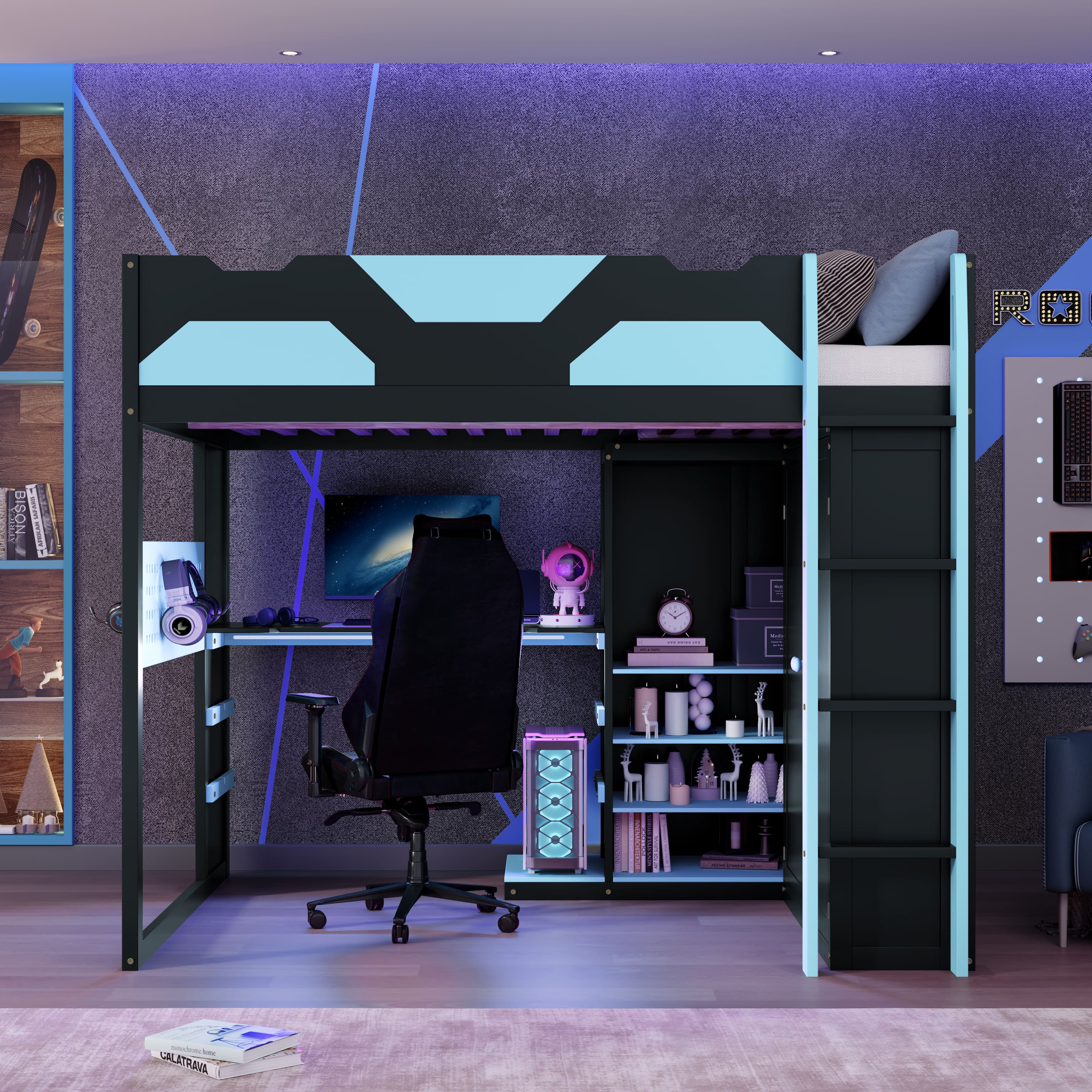 Anysun - Full Size Wood Loft Bed with Desk, Multi-storage Shelves,USB and RGB Light - Blue