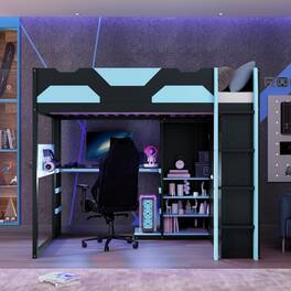 Anysun - Full Size Wood Loft Bed with Desk, Multi-storage Shelves,USB and RGB Light - Blue