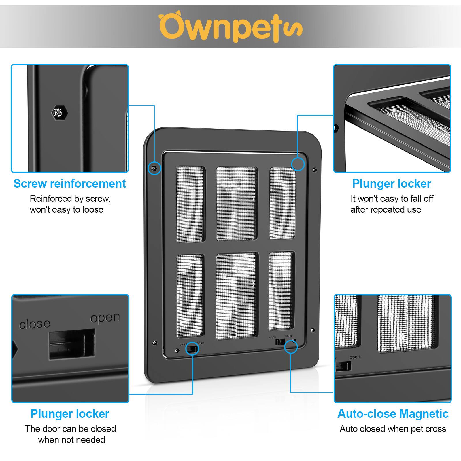 - **Screw reinforcement**  
  Reinforced by screw, won't easy to loose

- **Plunger locker**  
  The door can be closed when not needed

- **Plunger locker**  
  It won't easy to fall off after repeated use

- **Auto-close Magnetic**  
  Auto closed when pet cross