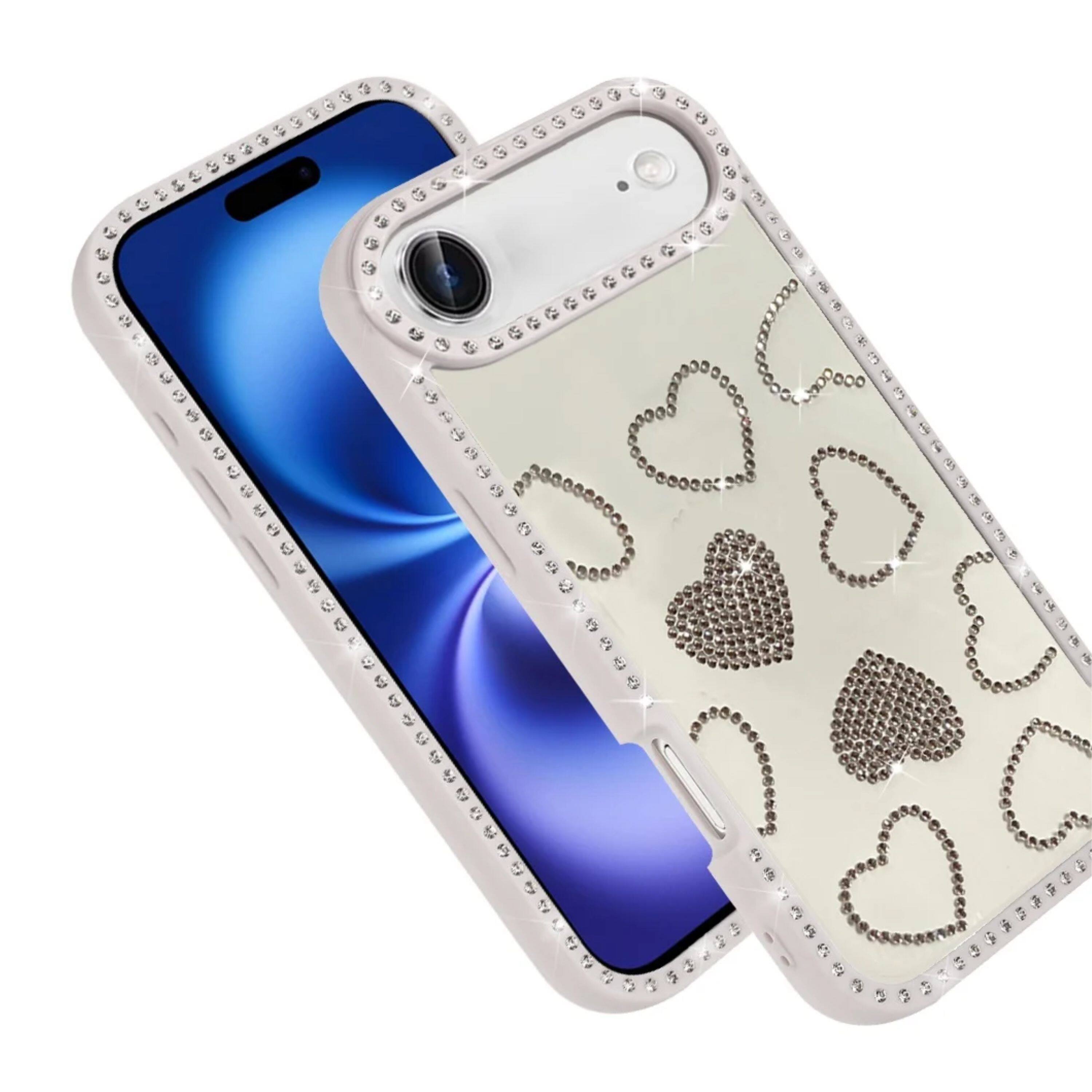 Left. Kitcheniva - Rhinestone Hearts Design Phone Case With Tempered Glass For iPhone Air Beige - Beige.