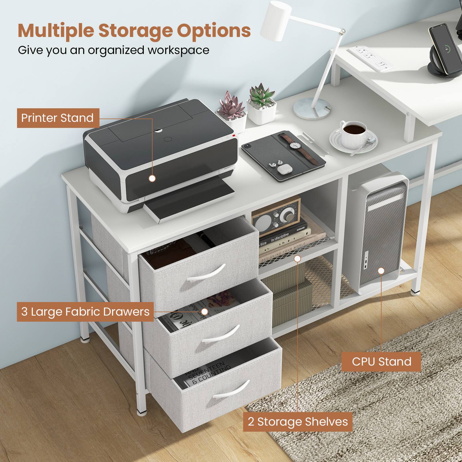 Multiple Storage Options, Give you an organized workspace, Printer Stand, 3 Large Fabric Drawers, CPU Stand, 2 Storage Shelves