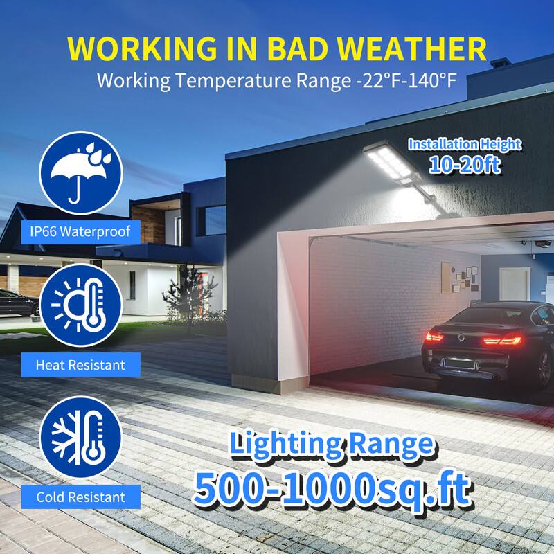 WORKING IN BAD WEATHER  
Working Temperature Range -22°F-140°F  
Installation Height 10-20ft  
IP66 Waterproof  
Heat Resistant  
Cold Resistant  
Lighting Range 500-1000sq.ft