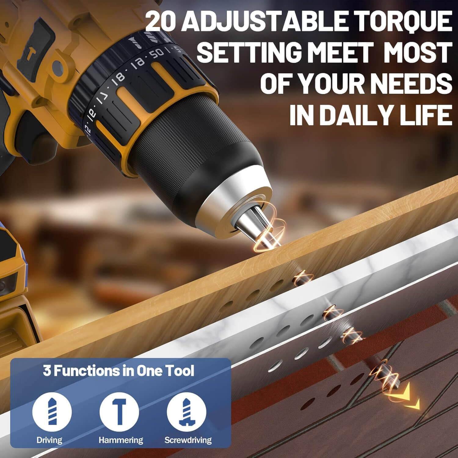 20 Adjustable Torque Setting Meet Most of Your Needs in Daily Life

3 Functions in One Tool
- Driving
- Hammering
- Screwdriving