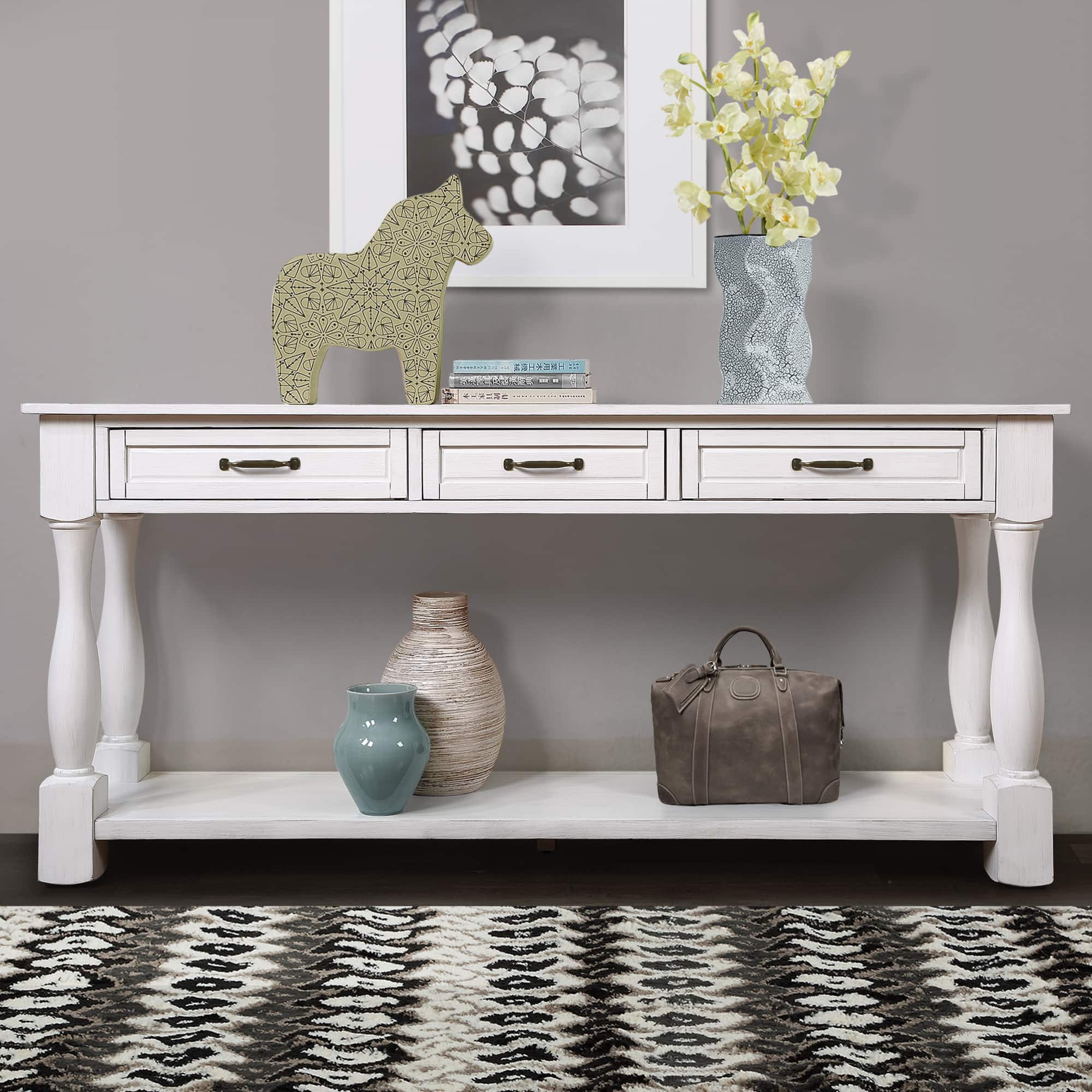 GOODSILO - Extra-Long Wooden Console Table with Three Drawers and Bottom Shelf for Entryway or Hallway Use - Antique White