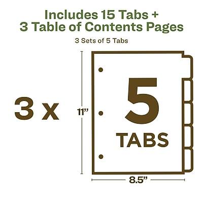 Includes 15 Tabs + 3 Table of Contents Pages  
3 Sets of 5 Tabs  
3 x 11"  
5 Tabs  
8.5"